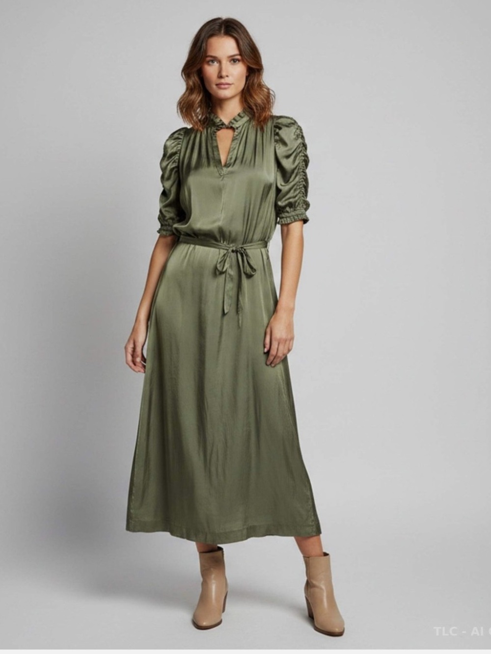 Zadig & Voltaire Ray Satin Midi Dress Size Large in Olive Green